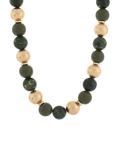 Wood Acrylic Ball Beaded Necklace in Green/Gold