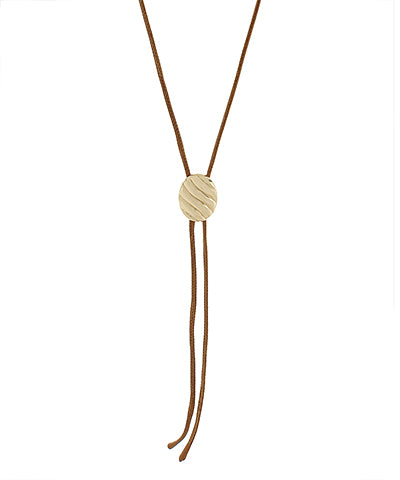 Golden Stella Geo Oval Pendant Bolo Cord Necklace in Brown/Gold