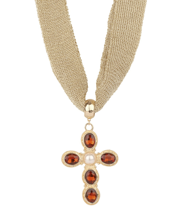 Golden Stella Stone Cross Mesh Fabric Necklace in Brown