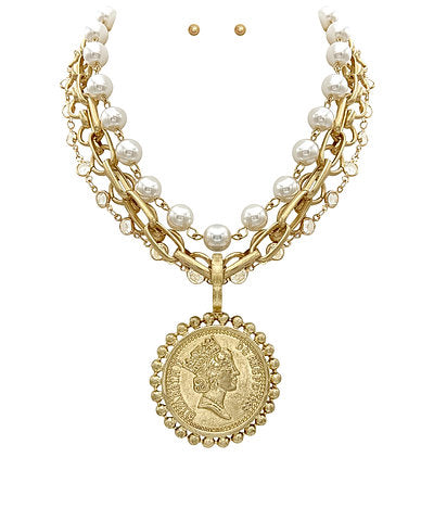4 Layered 10mm Pearl & Round Pendant Necklace Vintage Gold