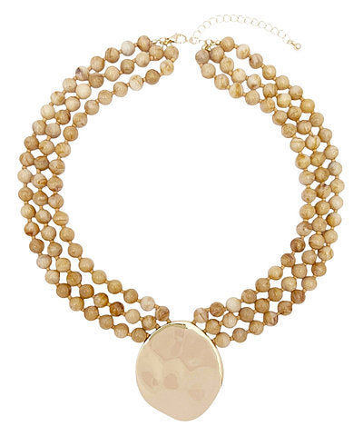 3 Layer Bead & Pendant Necklace in Light Brown