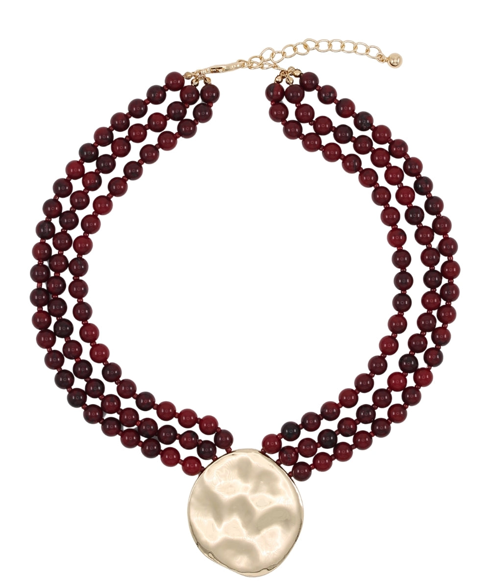 3 Layer Bead & Pendant Necklace in Burgundy