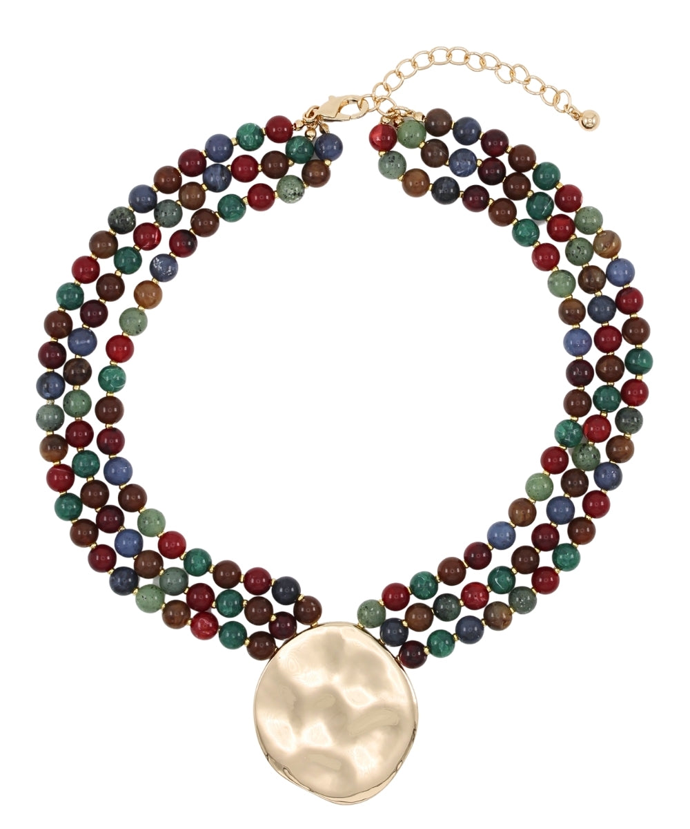 3 Layer Bead & Pendant Necklace in Dark Multi