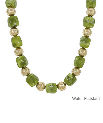 Golden Stella 16mm Square Bead Necklace in Olive