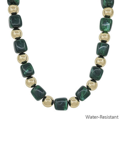 Golden Stella 16mm Square Bead Necklace in Dark Green
