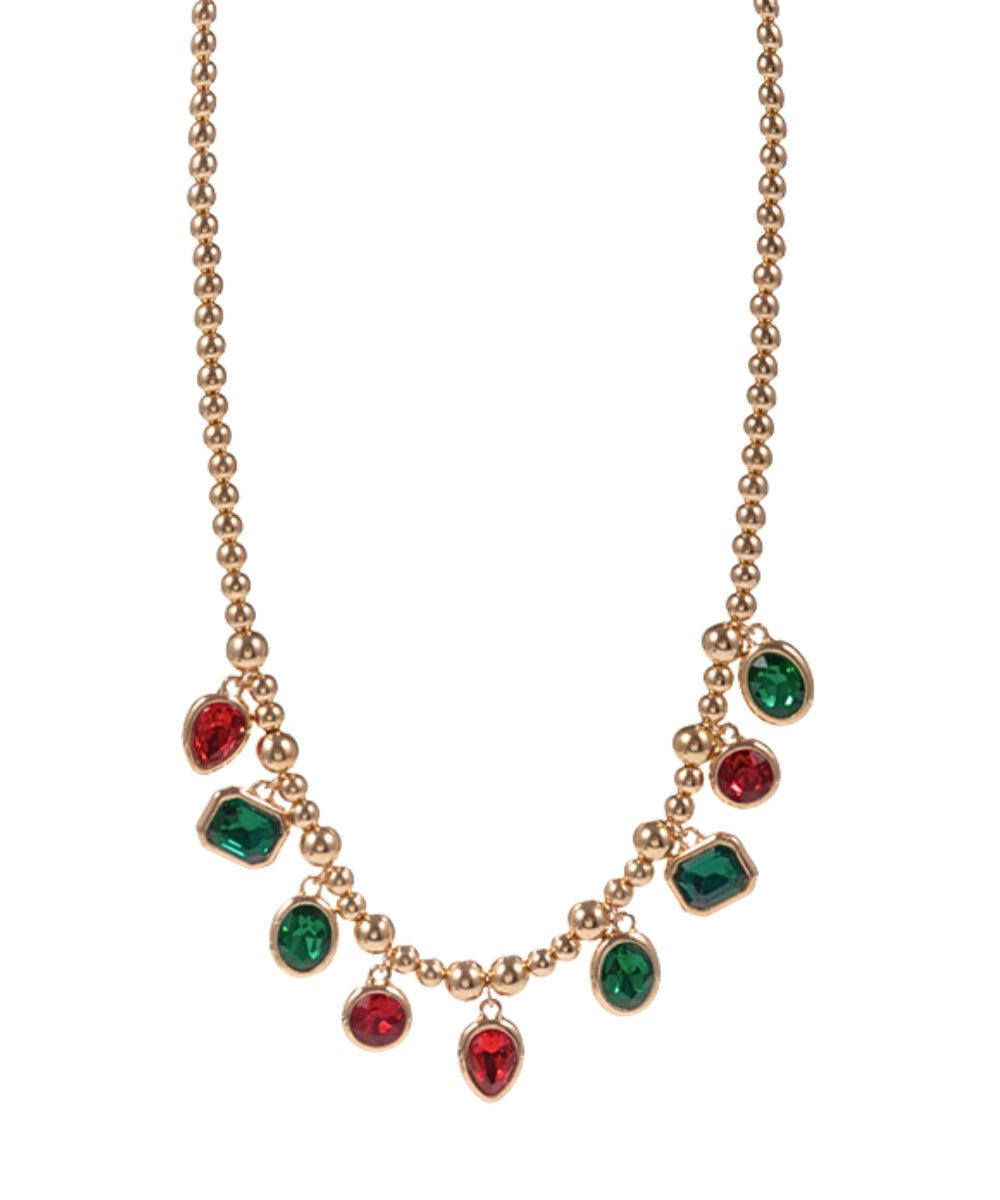 Golden Stella Christmas Stone Charm & CCB Ball Necklace in Red/Green