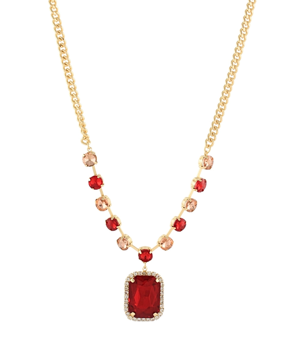 Golden Stella Octagon Pendant Rhinestone Link Necklace in Red/Gold
