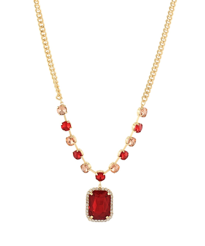 Golden Stella Octagon Pendant Rhinestone Link Necklace in Red/Gold
