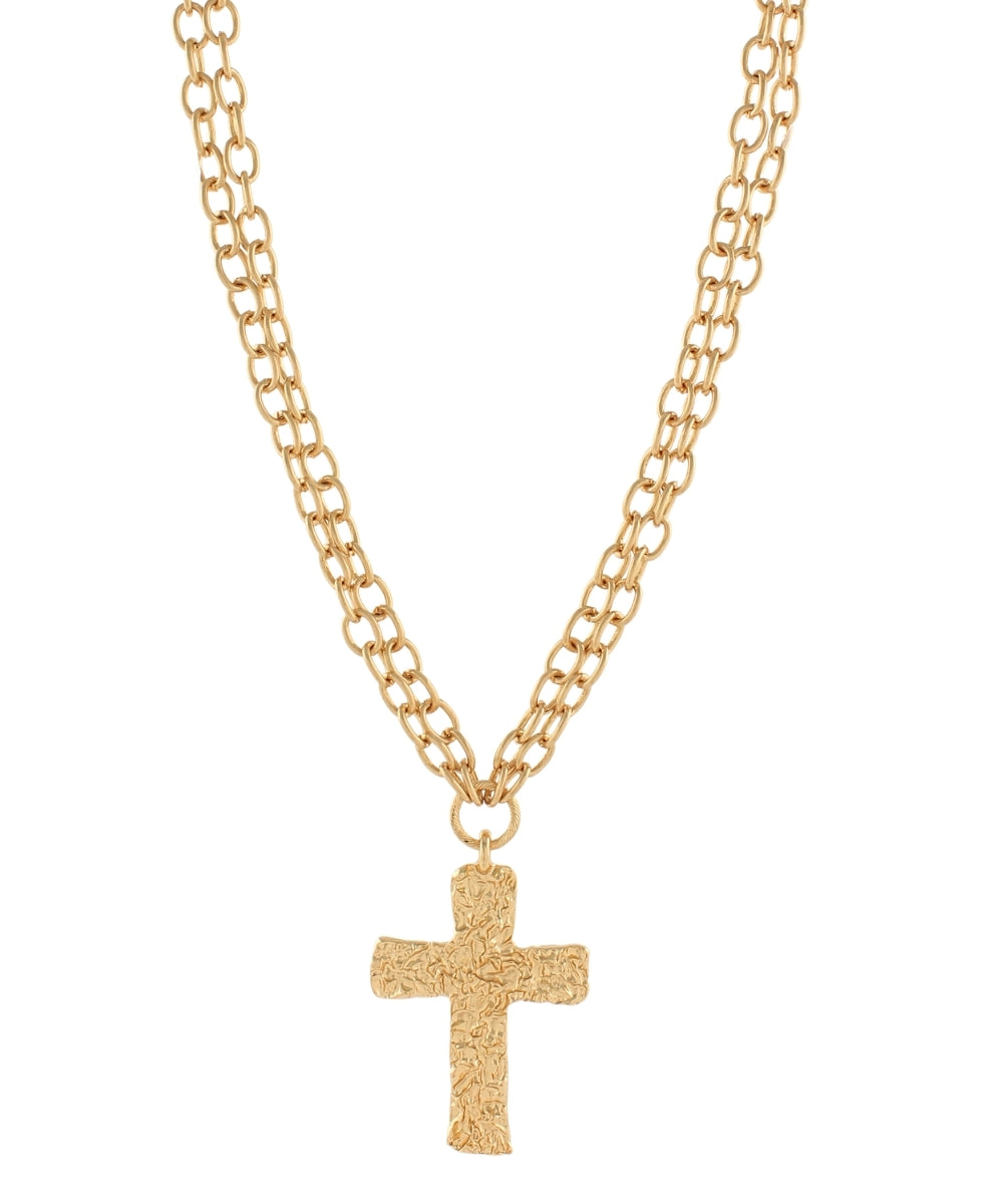 Golden Stella Layered Chain Hammered Cross Necklace in Worn Gold