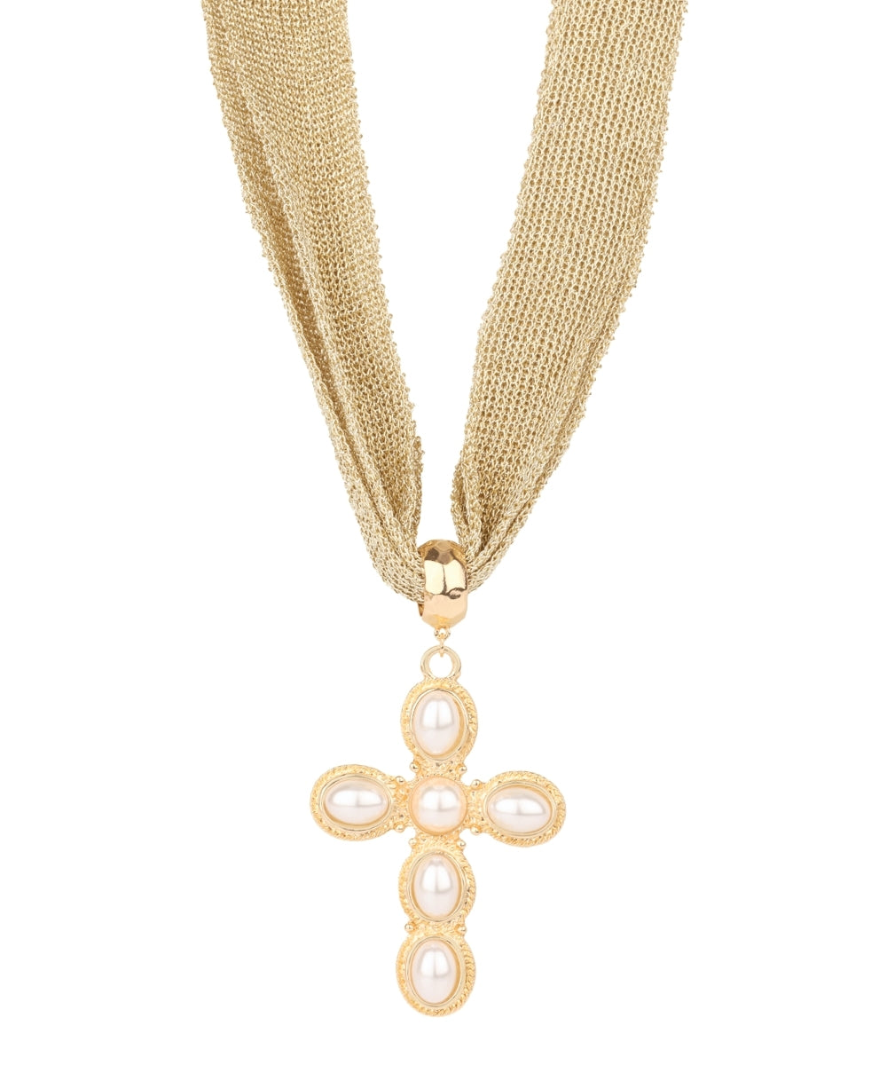 Golden Stella Pearl Cross Mesh Fabric Necklace in Cream