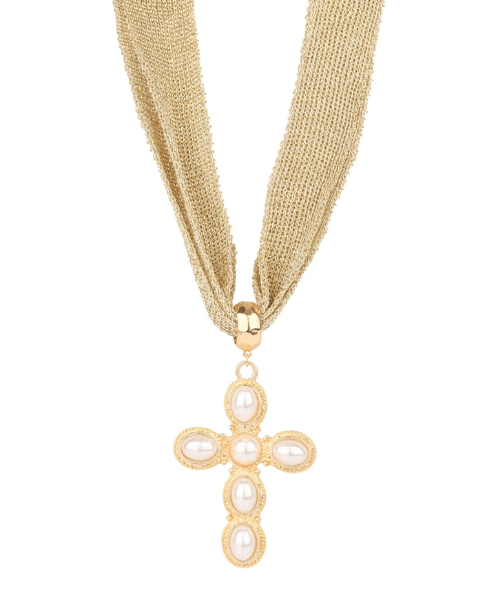 Golden Stella Pearl Cross Mesh Fabric Necklace in Cream