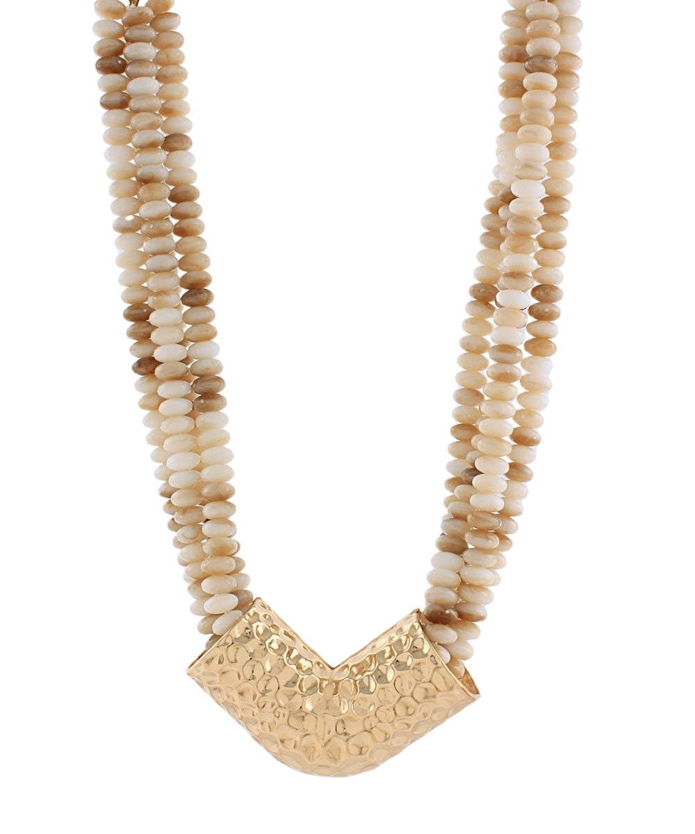 Golden Stella 4 Layered Bead and V Shape Necklace in Beige