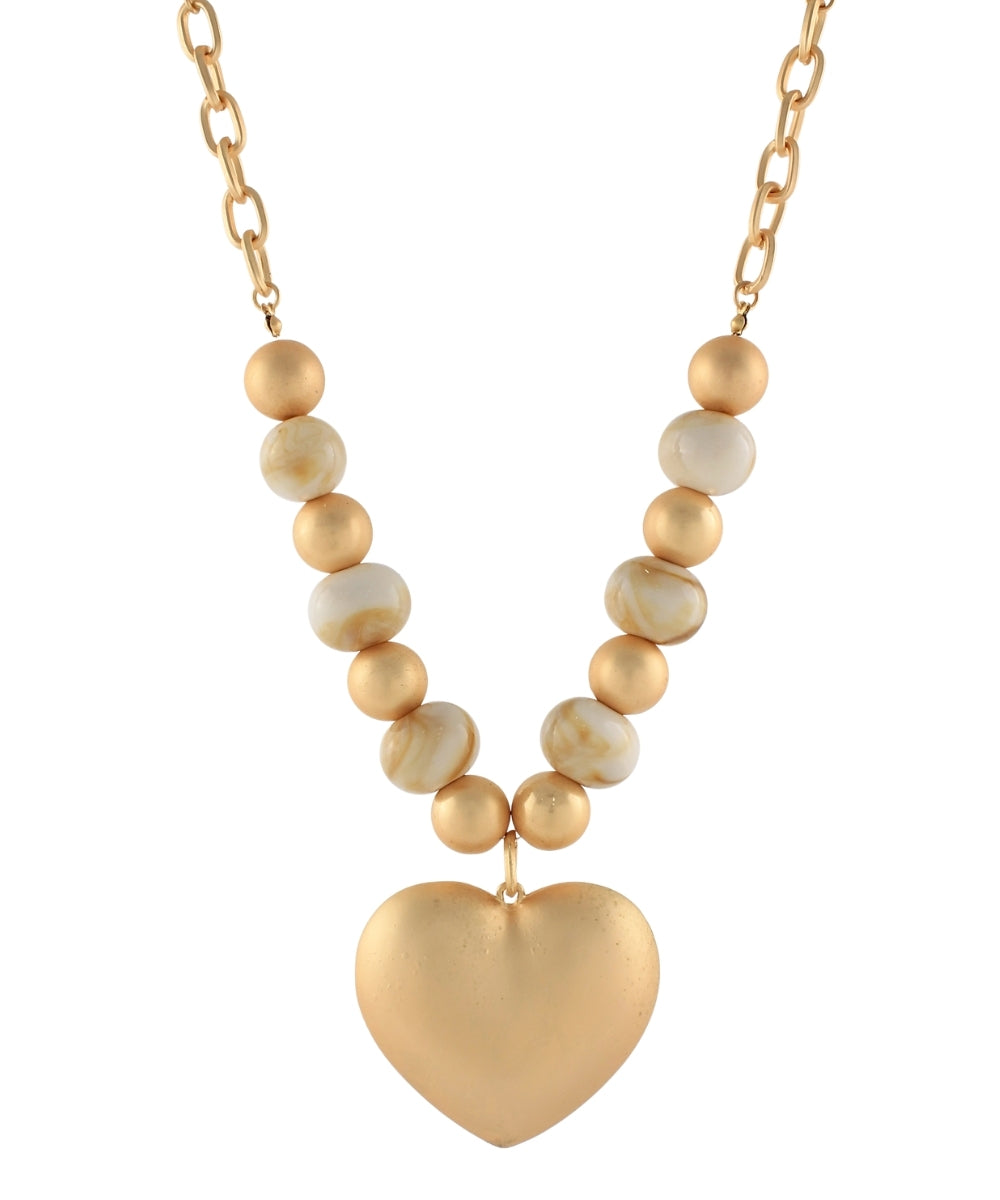 Golden Stella Puffy Heart and Ball Necklace in Matte Gold
