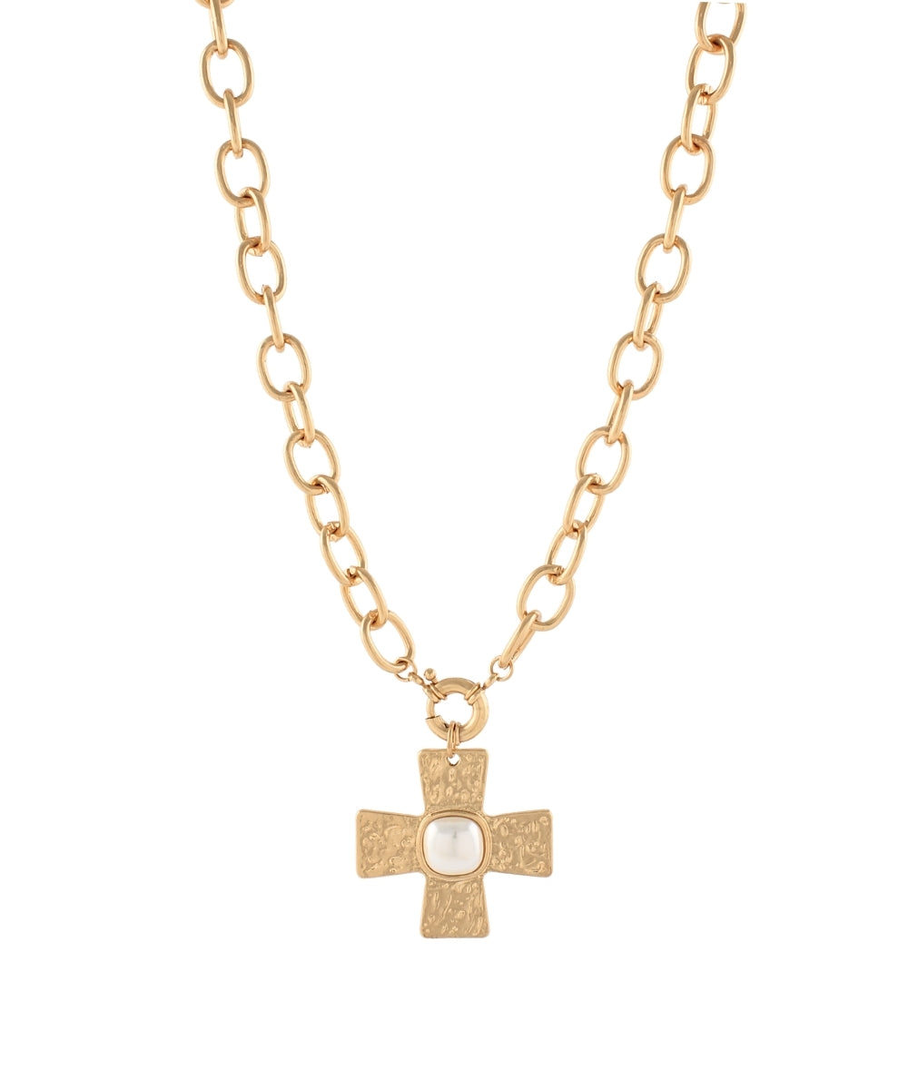 Golden Stella Byzantine Cross Stone Necklace in Cream
