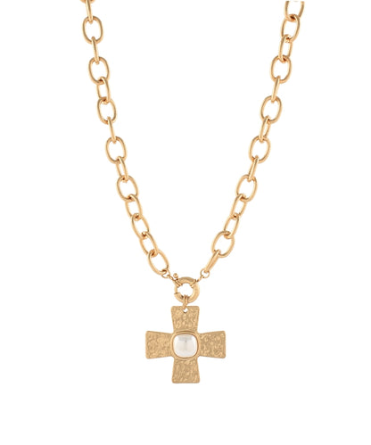 Golden Stella Byzantine Cross Stone Necklace in Cream