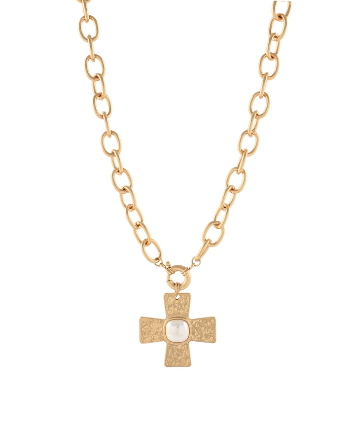 Golden Stella Byzantine Cross Stone Necklace in Cream