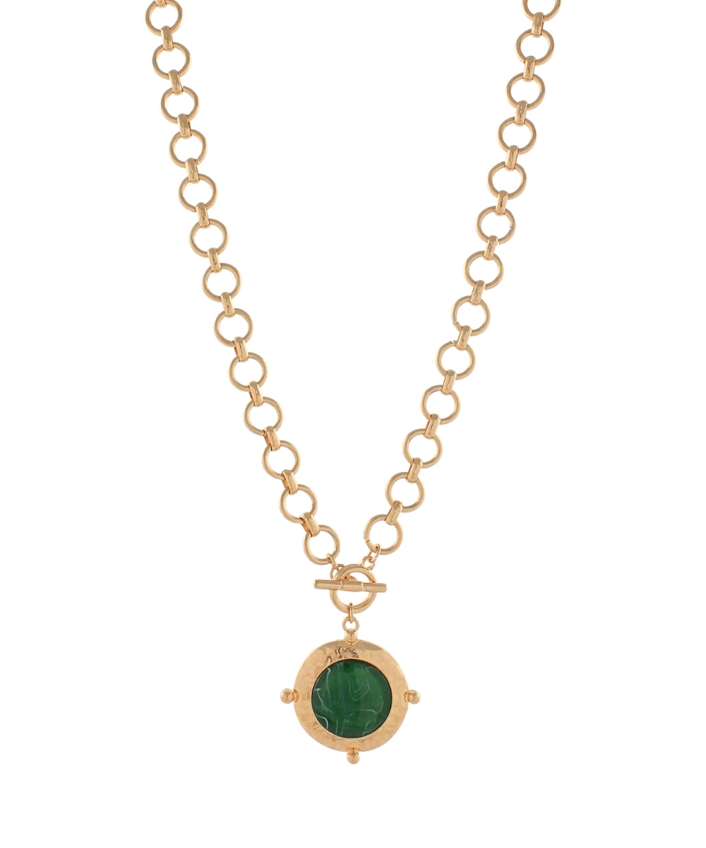 Golden Stella Framed & Dotted Round Stone Necklace in Green