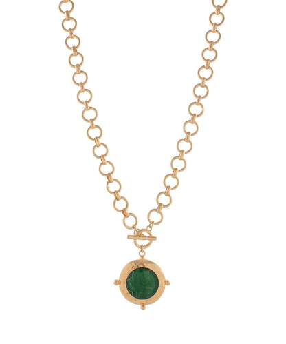 Golden Stella Framed & Dotted Round Stone Necklace in Green