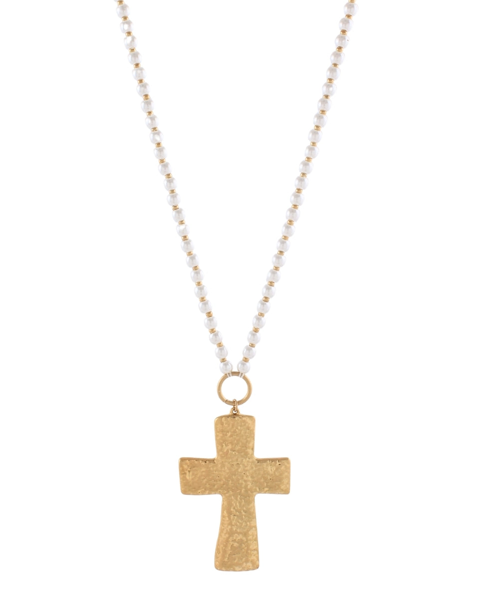 Golden Stella Hammered Cross & Pearl Necklace in Cream/Gold