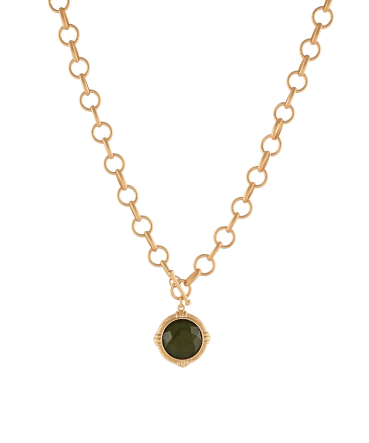 Golden Stella Round Stone Chain Necklace in Olive
