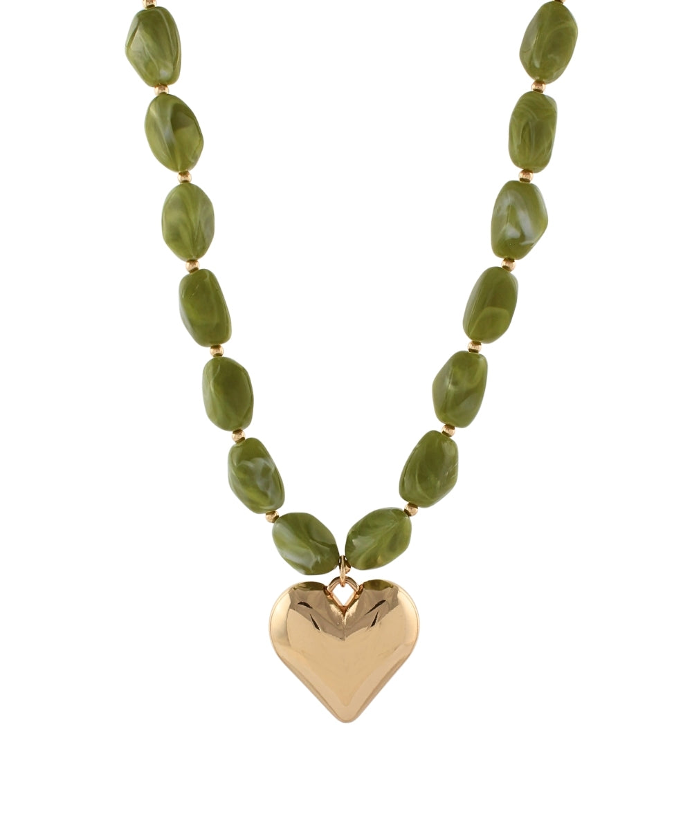 Golden Stella Puffy Heart Marble Nugget Necklace in Olive