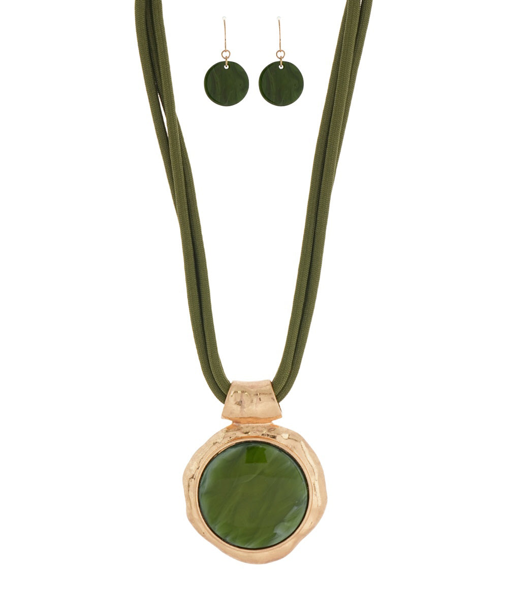 Golden Stella 3 Layered Cord Marble Round Stone Necklace in Olive