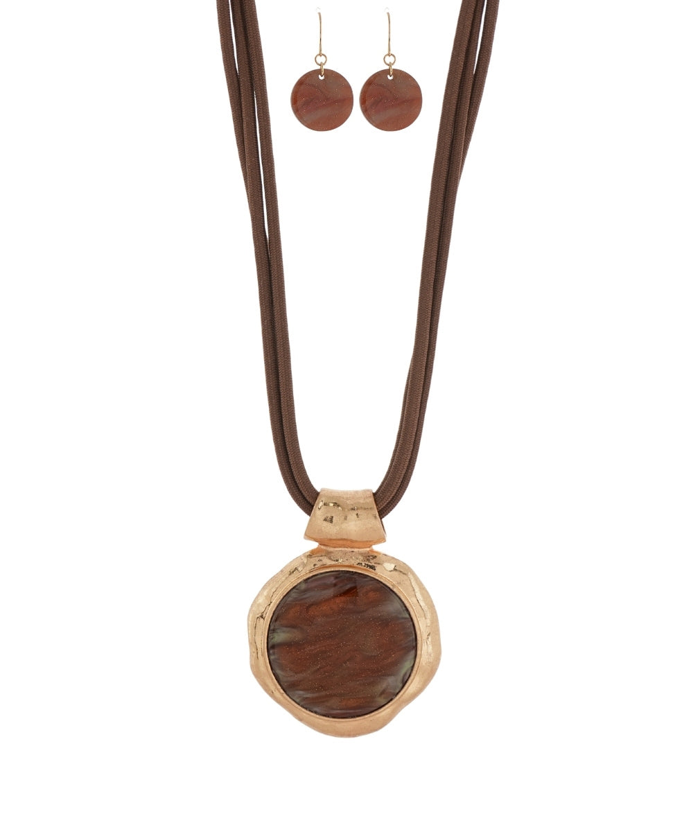Golden Stella 3 Layered Cord Marble Round Stone Necklace in Brown