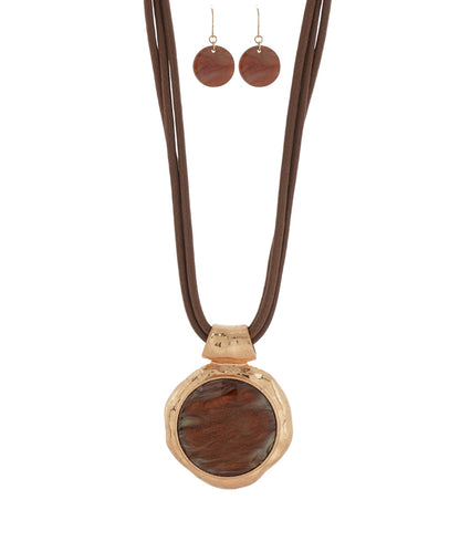 Golden Stella 3 Layered Cord Marble Round Stone Necklace in Brown