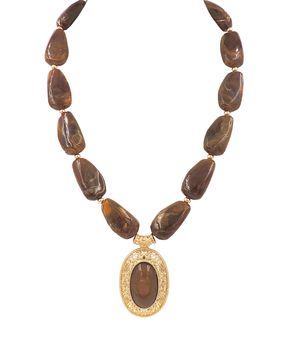 Golden Stella Oval Stone Pendant Marble Nugget Necklace in Brown