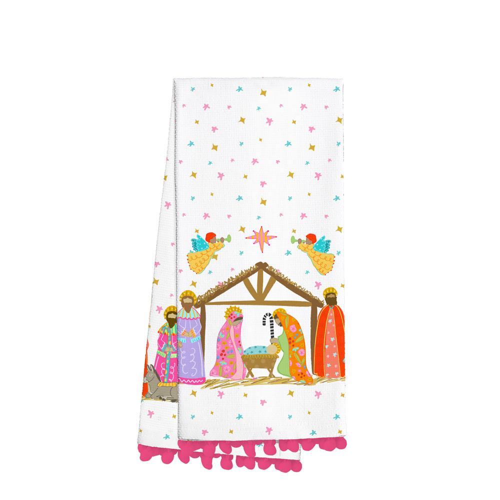 White Swig tea towel with a Nativity scene, angels, colorful stars and a pink pom fringe trim