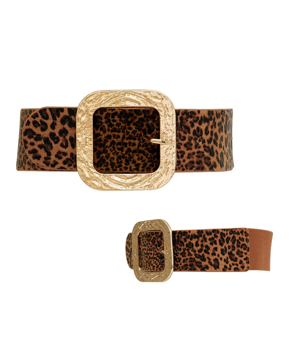 Golden Stella Leopard Print Wide Stretch Belt in Brown