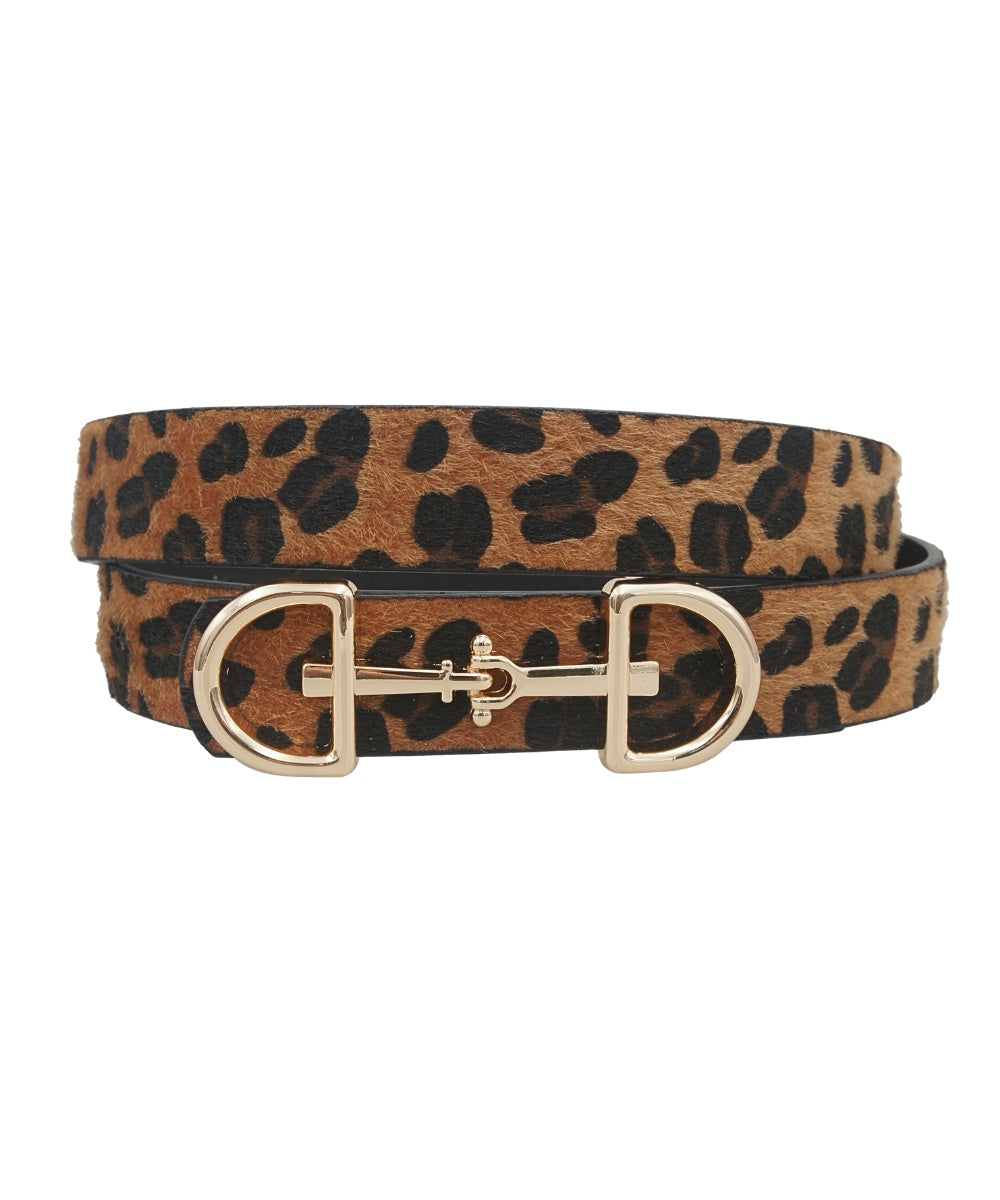 Golden Stella Horsebit Buckle Animal Print Belt in Leopard