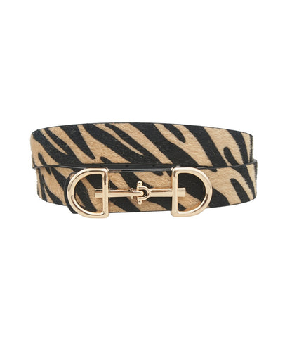 Golden Stella Horsebit Buckle Animal Print Belt in Tiger