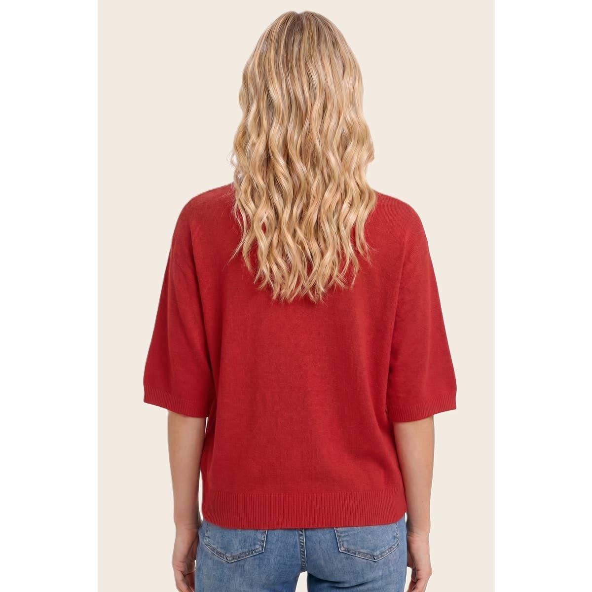 Staccato Elbow Sleeve Dolman Sweater in Red, back view