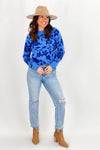 Blue Floral Print Long Sleeve Sweater