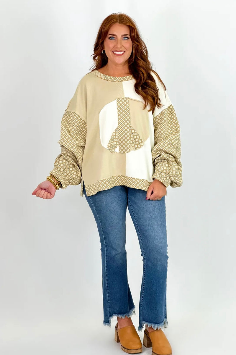 Cream and Sand Patchwork Peace Sign Top