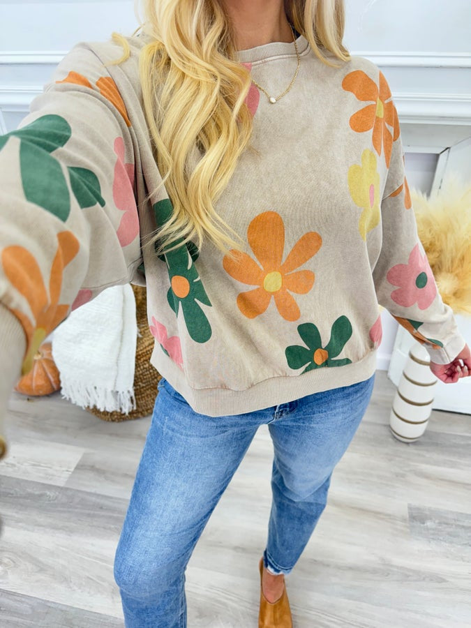 Mocha Mineral Wash Flower Sweatshirt