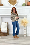 Taupe Stripe Split Neck Long Sleeve Sweater