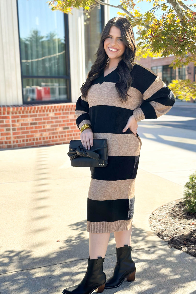 Black and Oatmeal Stripe V-Neck Sweater Dress