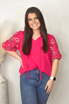 Magenta Embroidery Puff Sleeve Top