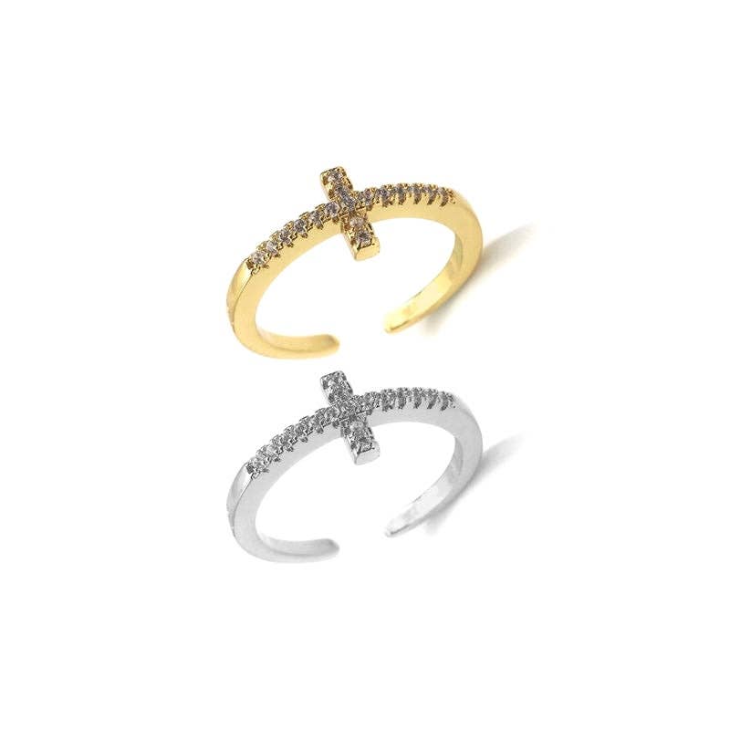 Diamond cross open ring in yellow gold and silver