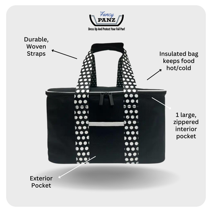 Black insulated tote by Fancy Panz® with polka-dot handles, exterior pocket, zip interior