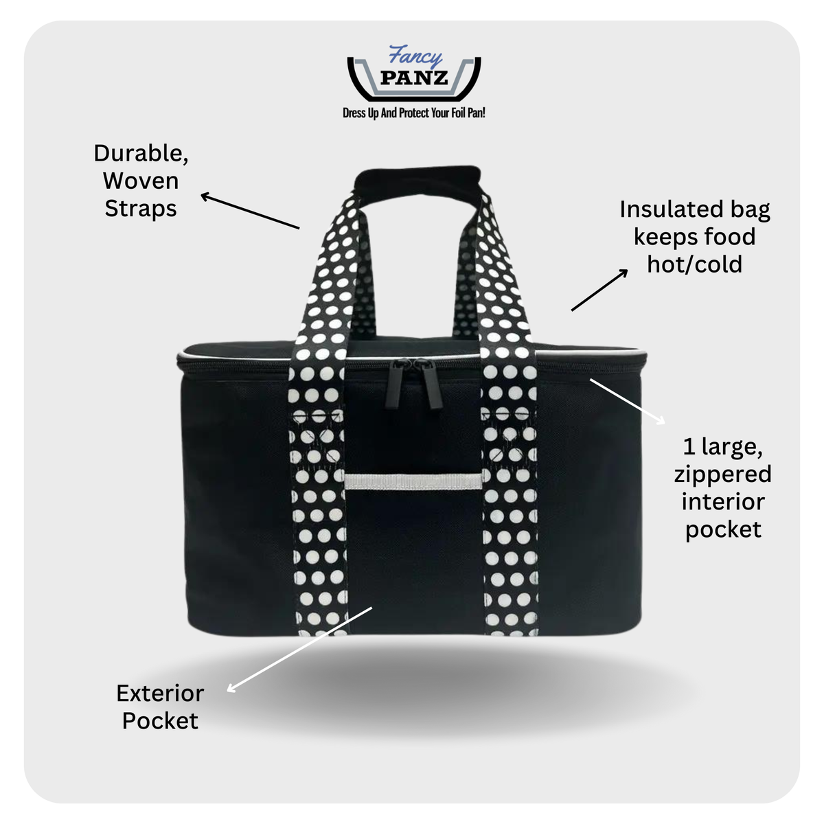 Insulated travel bag with polka-dot straps, zip-top, and exterior front pocket.