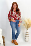 Burgundy Floral V-Neck Long Sleeve Top