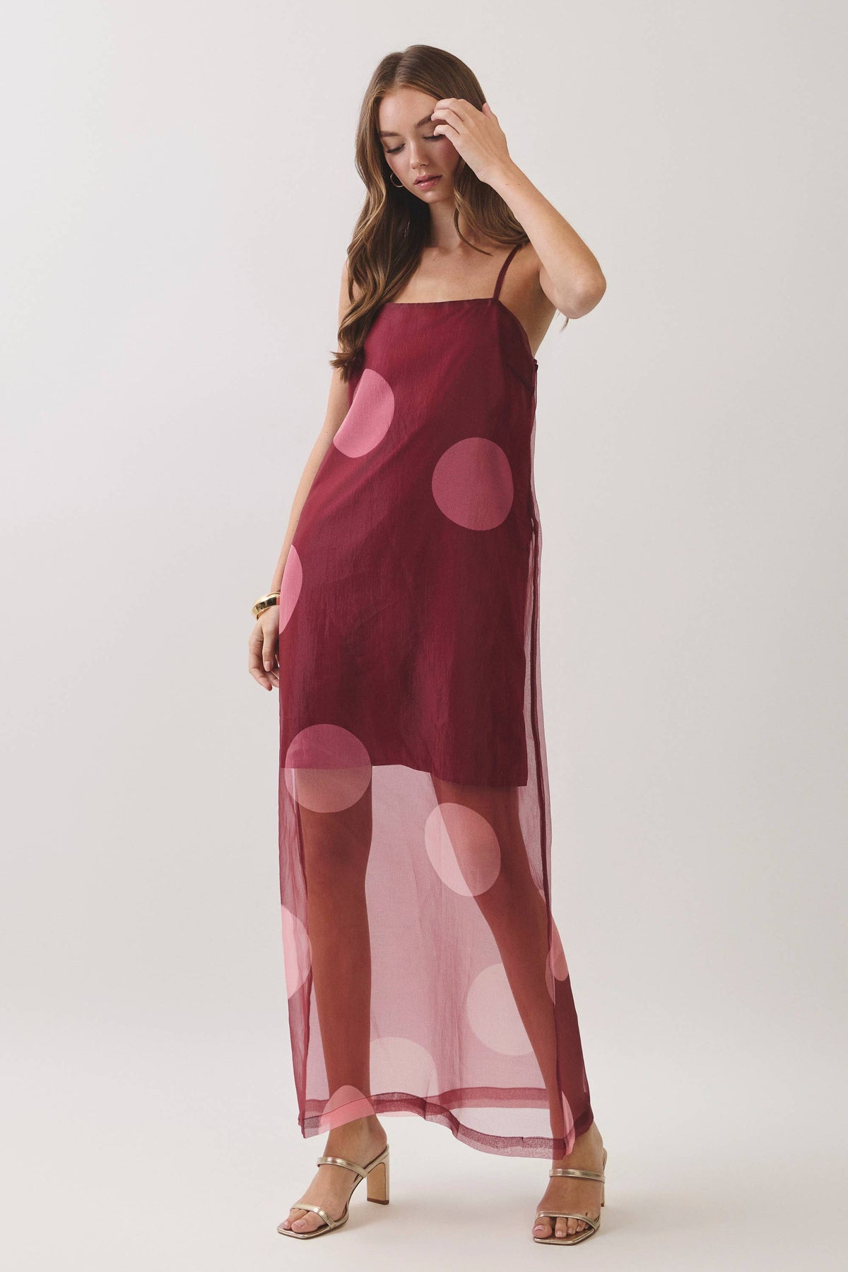 Pretty Follies Polka Dot Sheer Overlay Maxi Dress in Burgundy