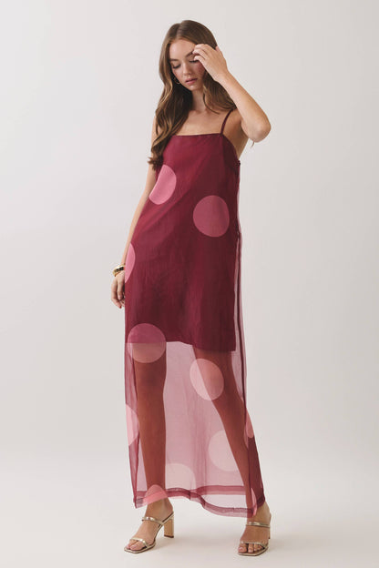 Pretty Follies Polka Dot Sheer Overlay Maxi Dress in Burgundy