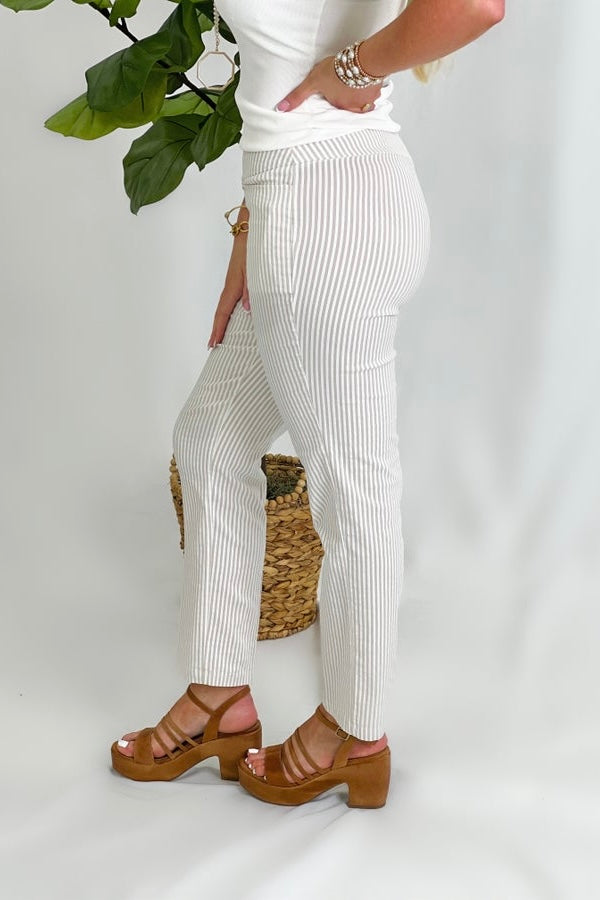 Taupe/White Striped Ankle Pant