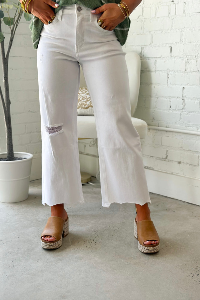 Optic White High Rise Distressed Wide Leg Jean
