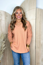 Orange Waffle Knit V-Neck Long Sleeve Top