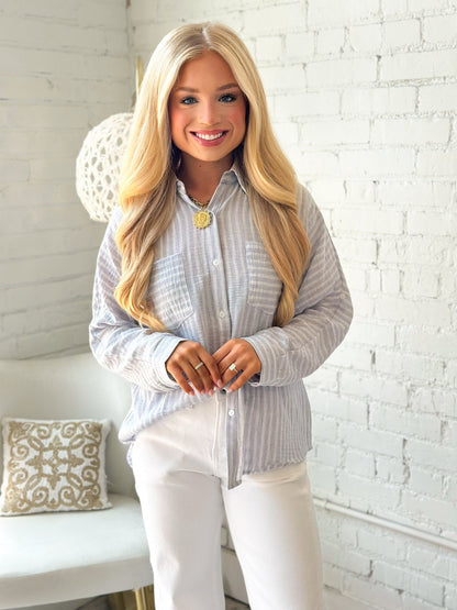 Allie Rose Linen Blend Striped Button Up Top - Lavish Boutique01-TOPS